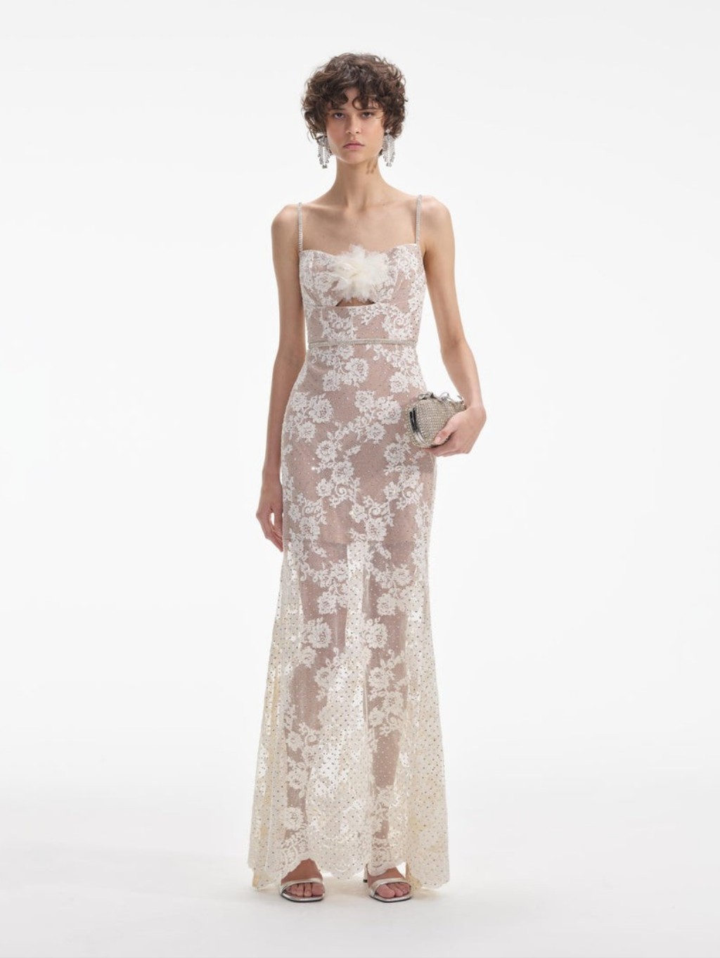 Self Portrait Cream Rhinestone Lace Maxi Dress